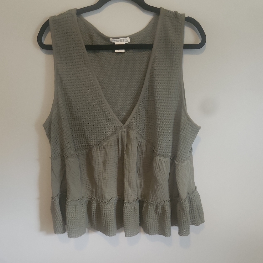 Sleeveless V-Neck Tiered Peplum Top - Olive Green